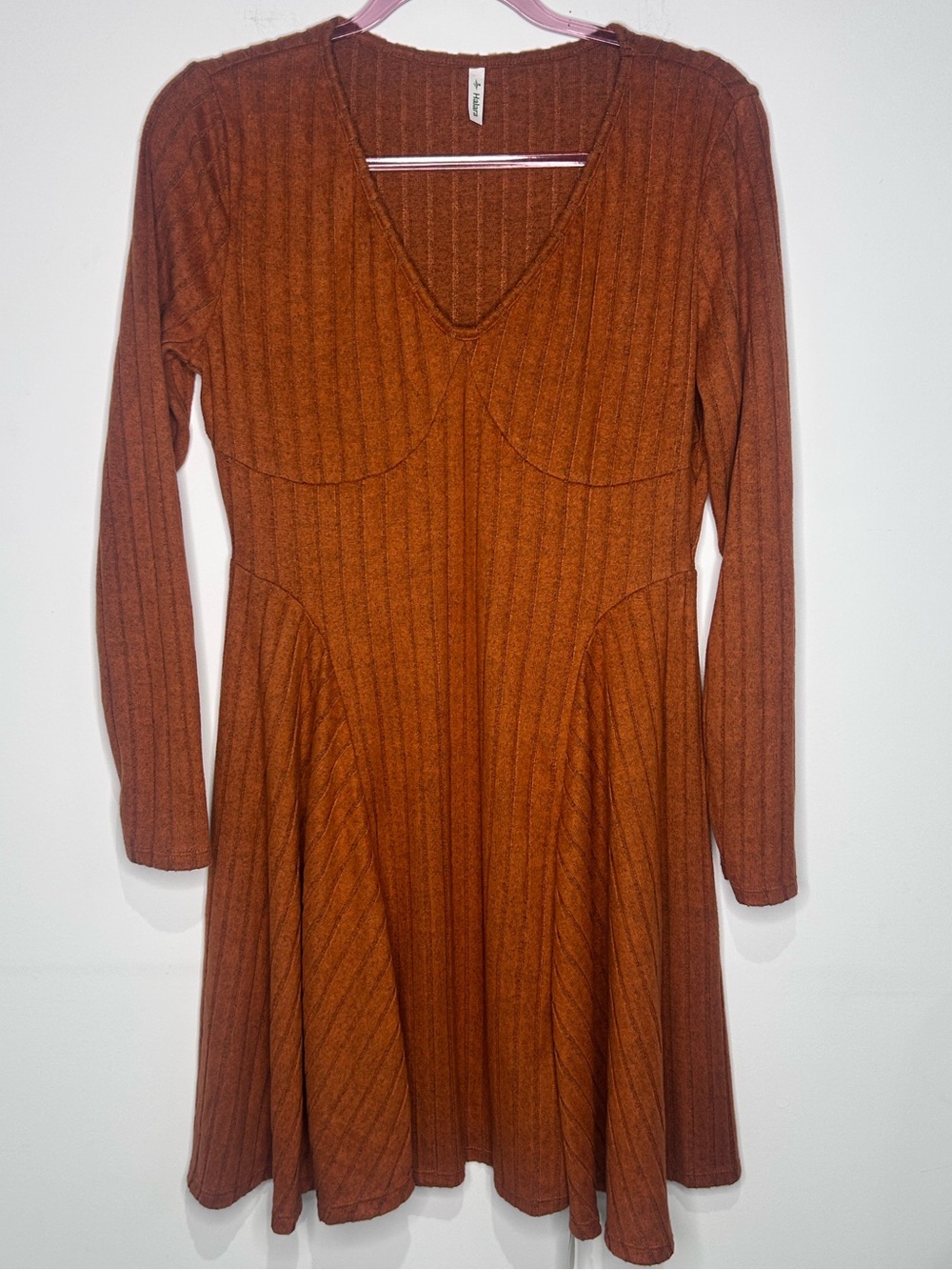 NWT Halara Ribbed Knit V-Neck Fit & Flare Mini Dress Earthy Brown Large - Picture 2 of 8